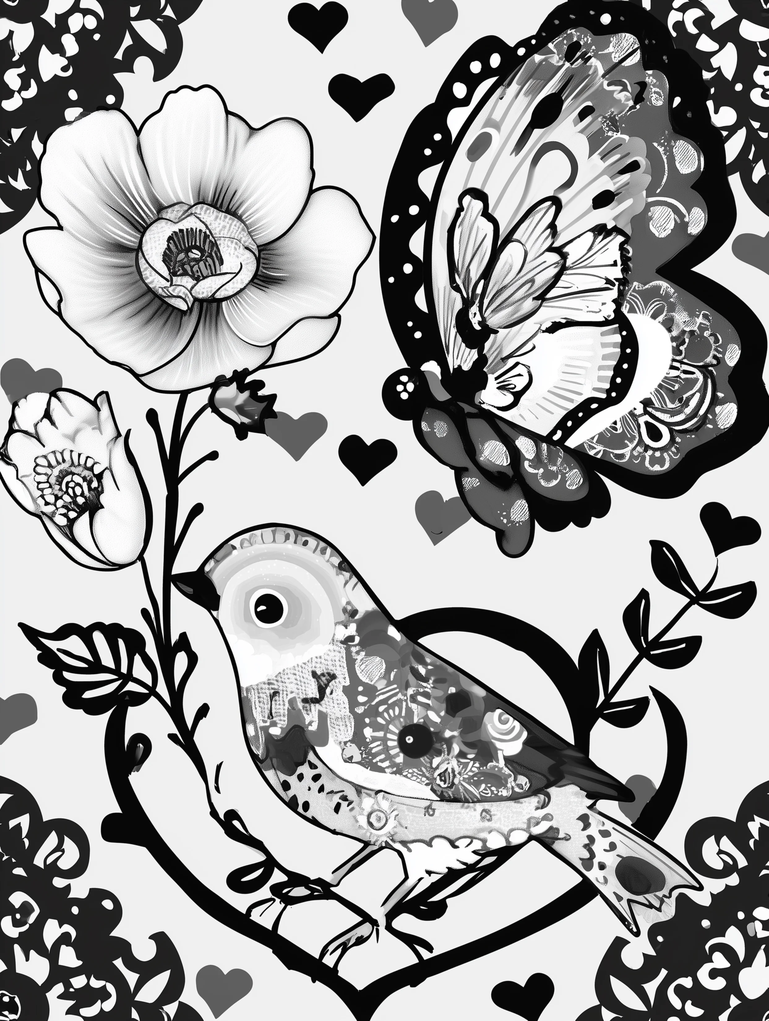 Free printable butterfly coloring page for adults featuring a bird with a butterfly